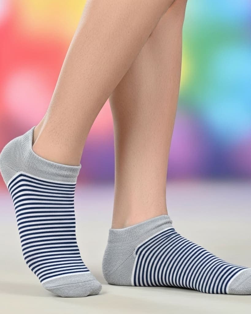 Unisex Low-Cut Ankle Socks – Grey with Navy Blue Stripes hover