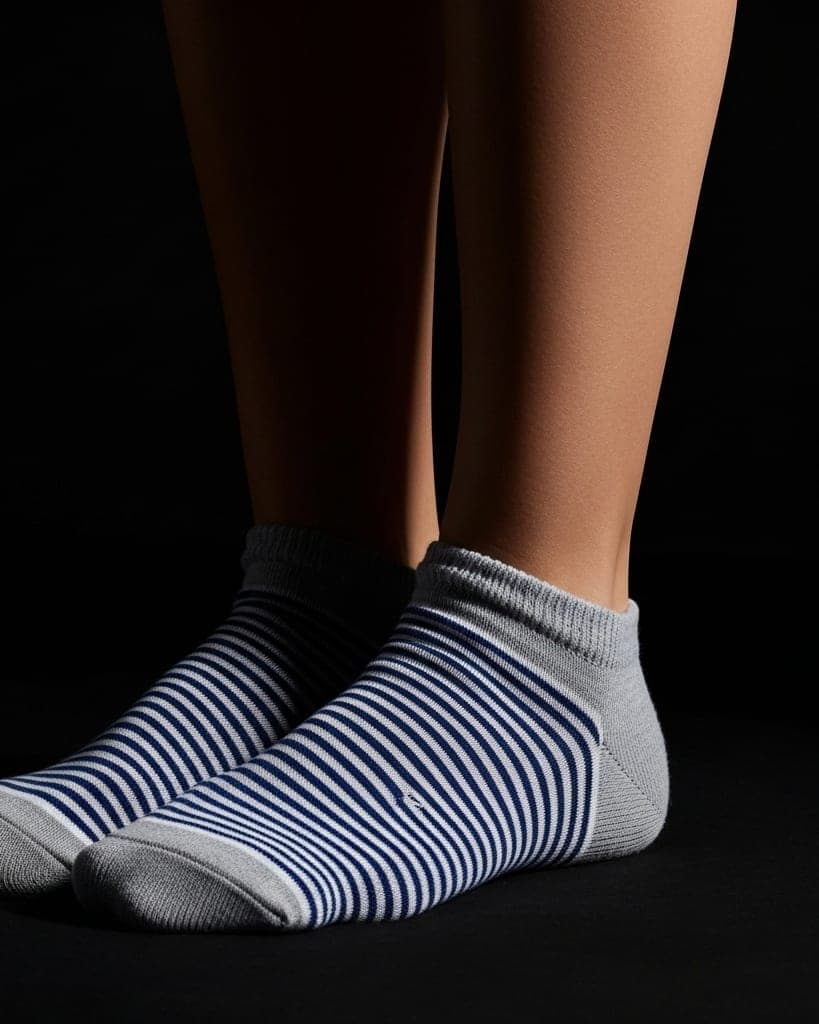 Unisex Low-Cut Ankle Socks – Grey with Navy Blue Stripes hover
