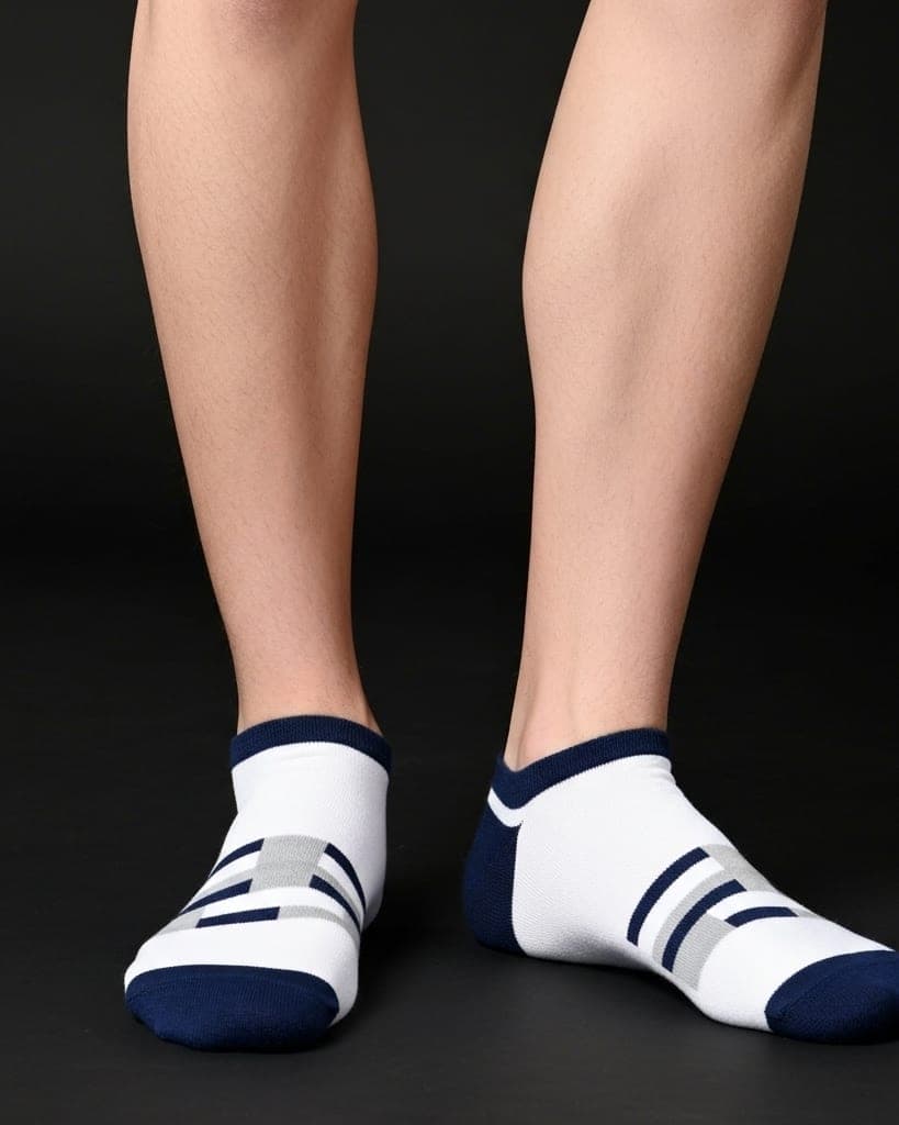 White Sporty Low-Cut Socks with Navy & Grey Stripes – Everyday Comfort hover