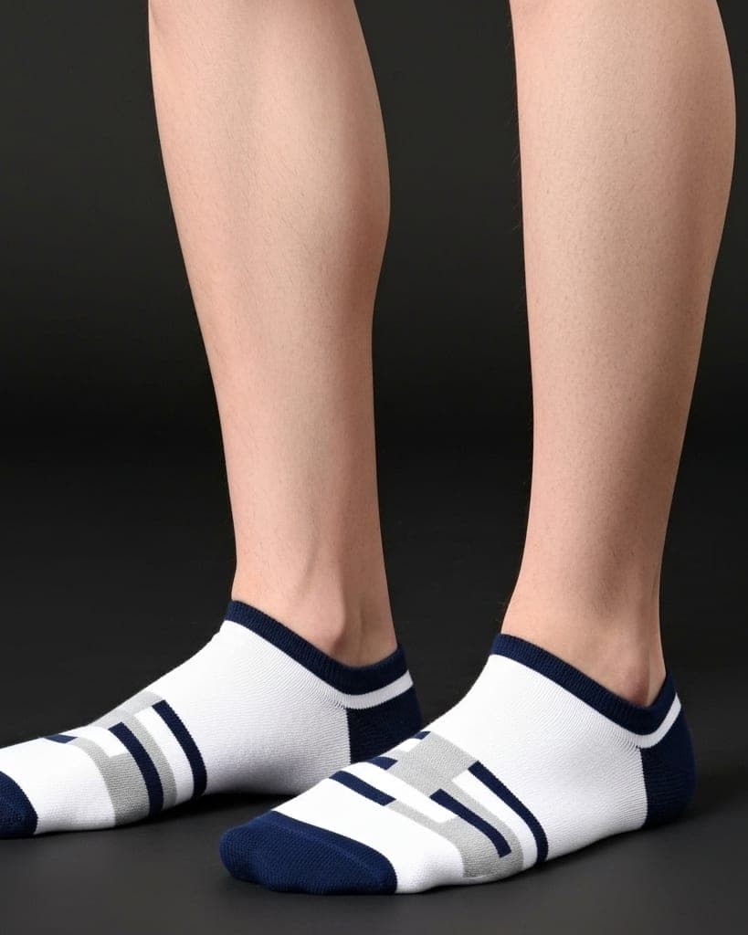 White Sporty Low-Cut Socks with Navy & Grey Stripes – Everyday Comfort
