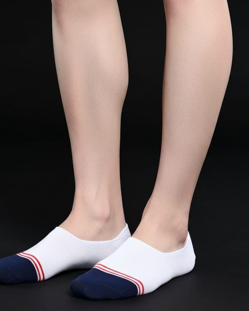 White No-Show Socks with Navy Toe & Red Stripes – Minimal & Sporty