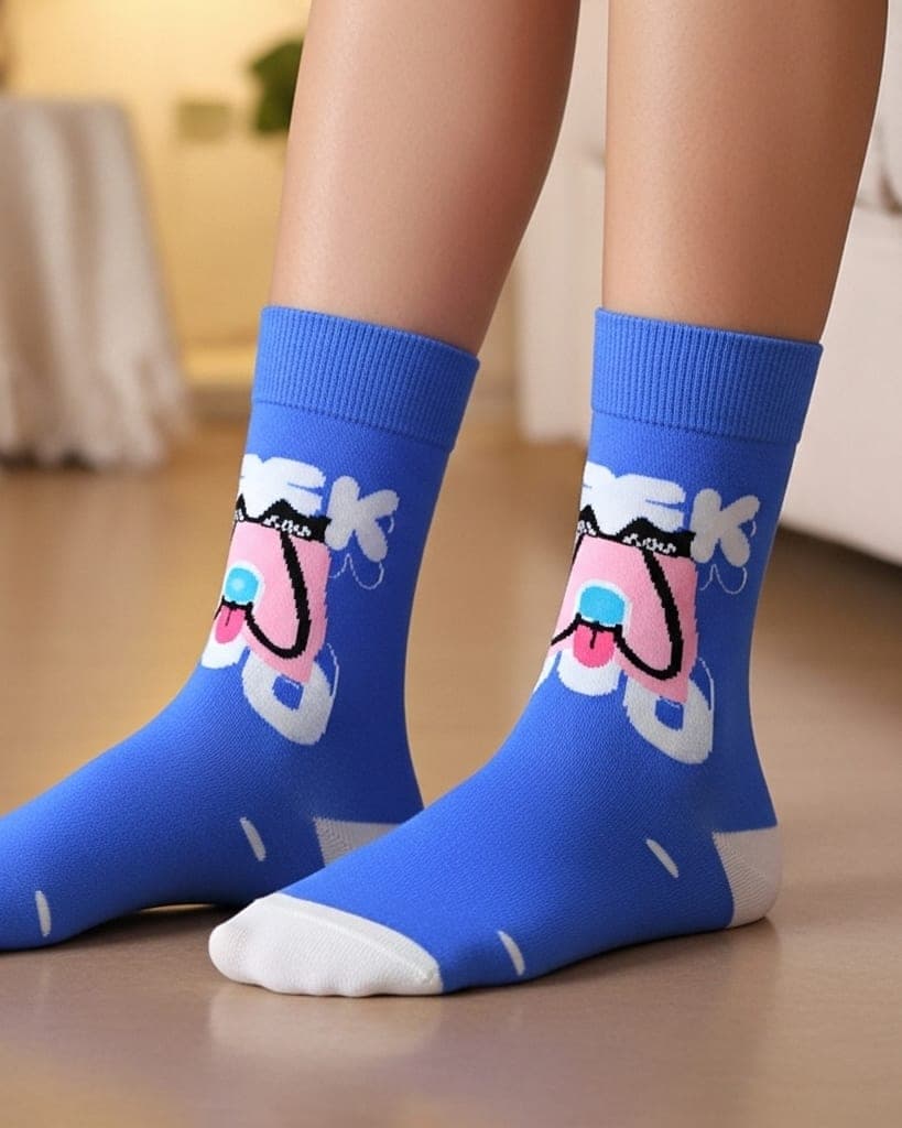 Blue Cartoon Character Crew Socks – Fun & Comfortable Cotton Blend hover