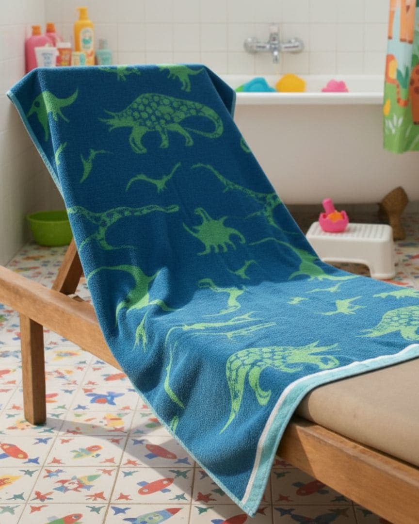 Quick Dry Blue Cotton Bath Towel with Green Dinosaur – 480 GSM, Extra Large (152×75 cm) Soft & Super Absorbent