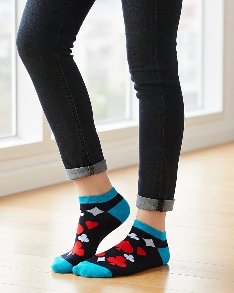 Black Playing Card Print Ankle Socks – Stylish & Comfortable hover