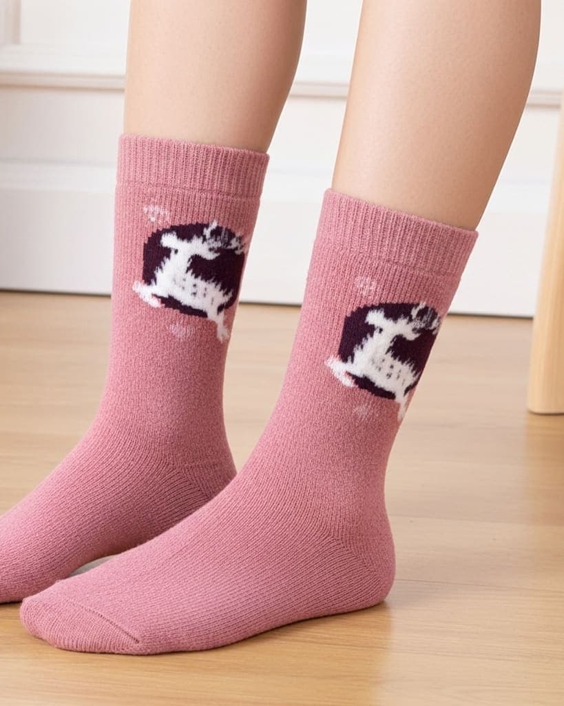 Warm Wool Blend Crew Socks in Rose Pink with Abstract Pattern hover