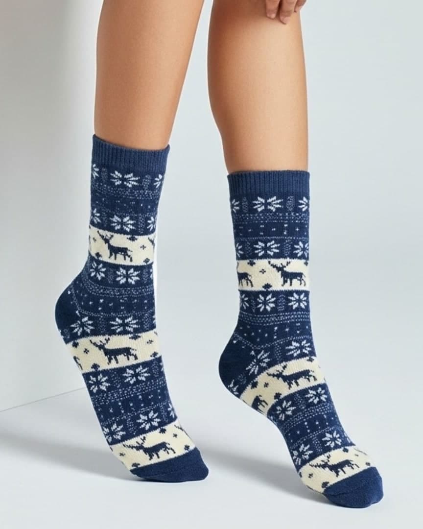 Woolen Winter Socks – Blue & Cream | Cozy Reindeer & Snowflake Design hover