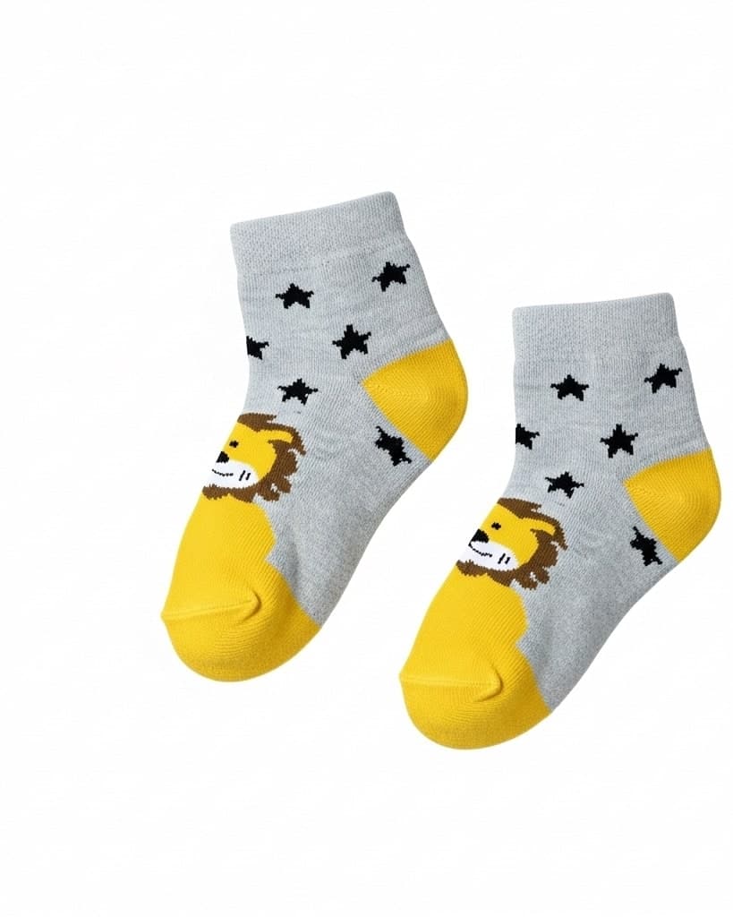 Kids’ Lion & Stars Ankle Socks – Grey & Yellow