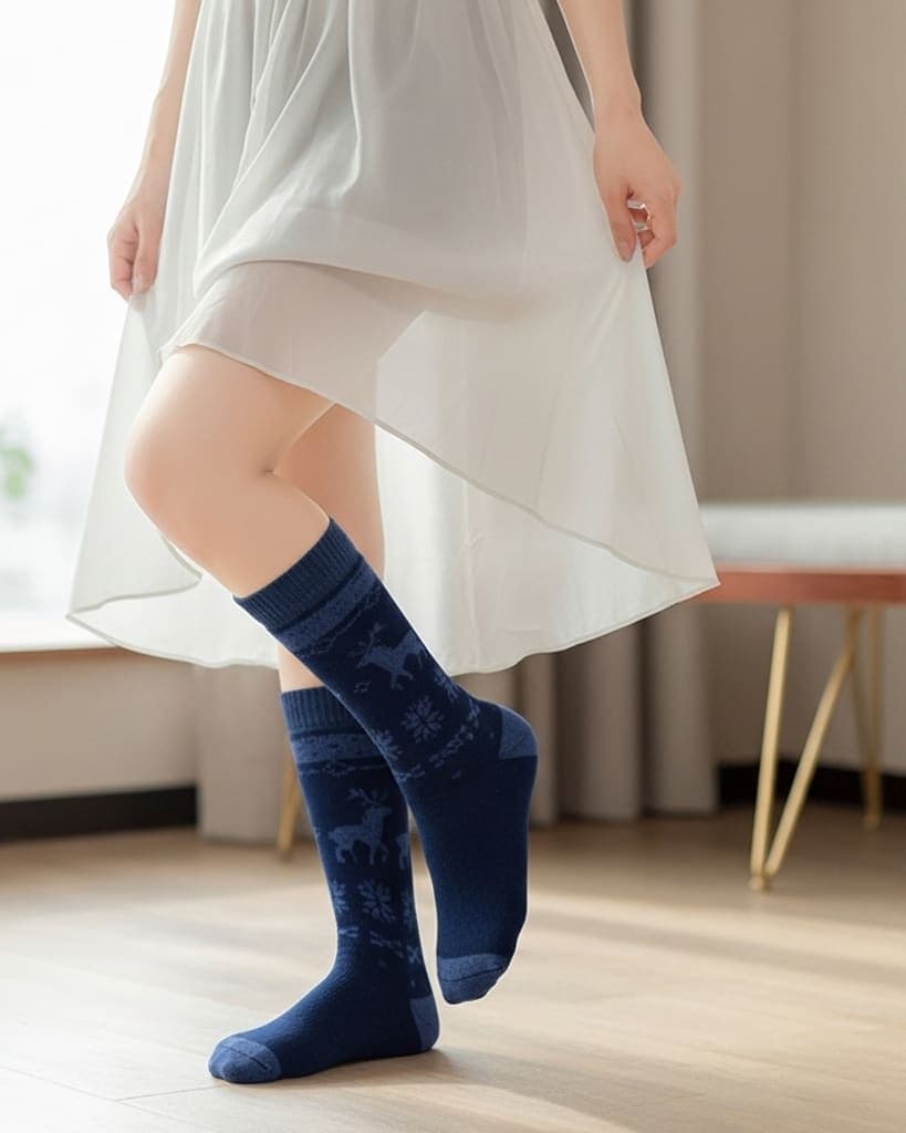 Navy Blue Winter Woolen Socks with Reindeer Design – Warm & Soft Thermal Socks