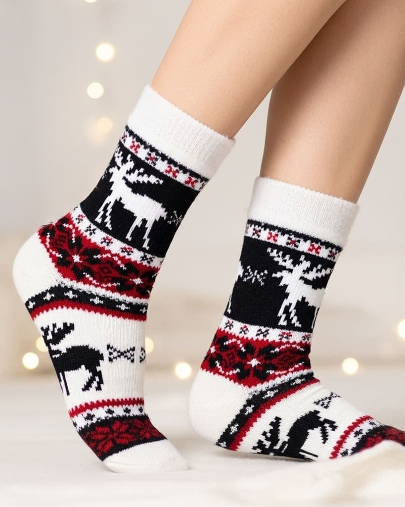 Winter Woolen Socks with Reindeer Design - Warm, Fuzzy & Stylish Christmas Knit Socks