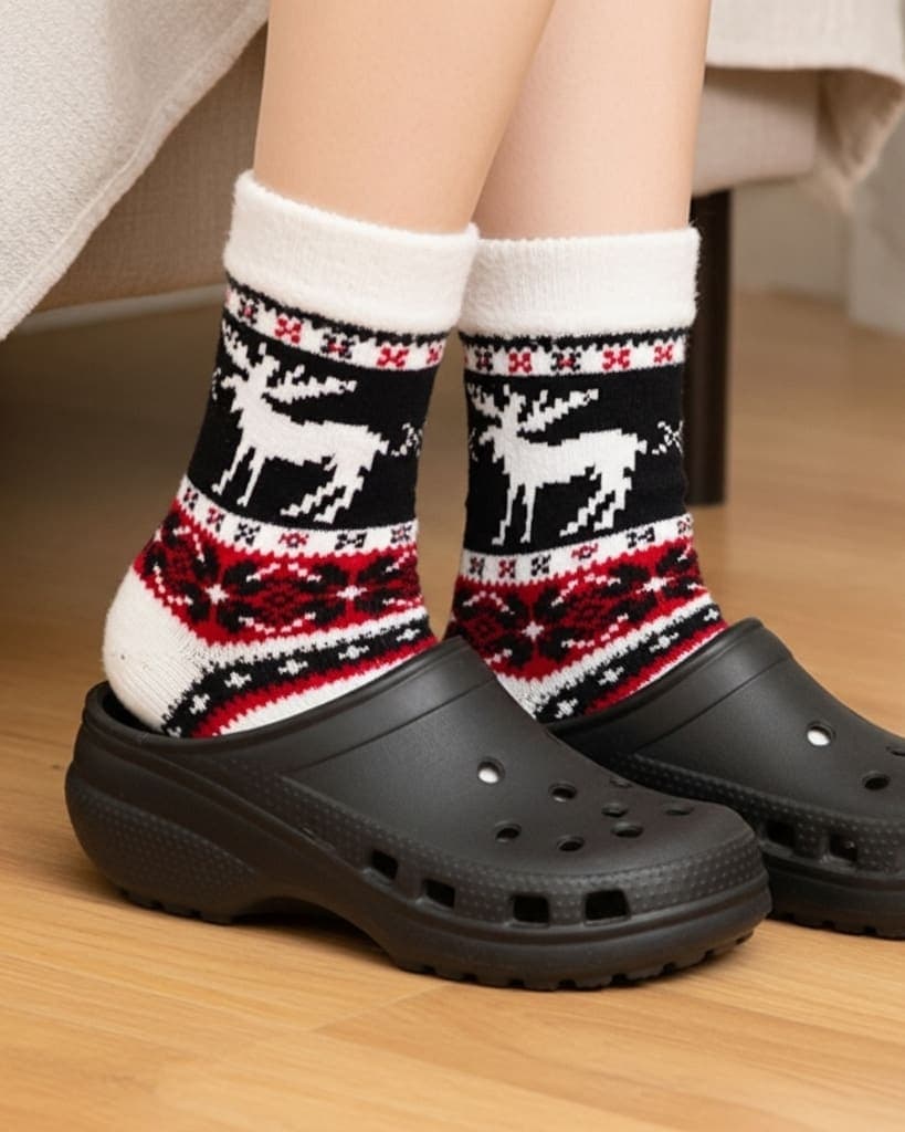 Winter Woolen Socks with Reindeer Design - Warm, Fuzzy & Stylish Christmas Knit Socks hover