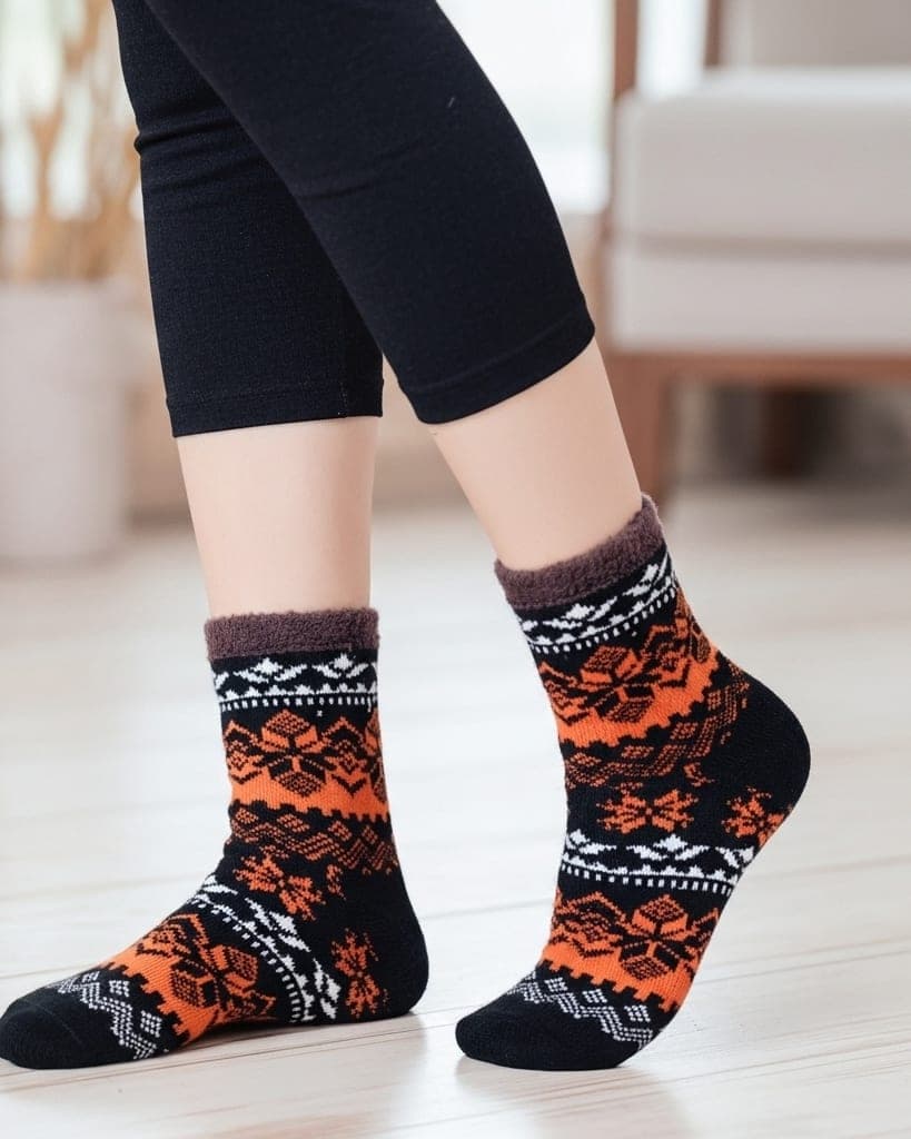 Winter Thermal Wool Socks – Soft Fleece-Lined Warm Socks with Nordic Pattern (Black & Orange)