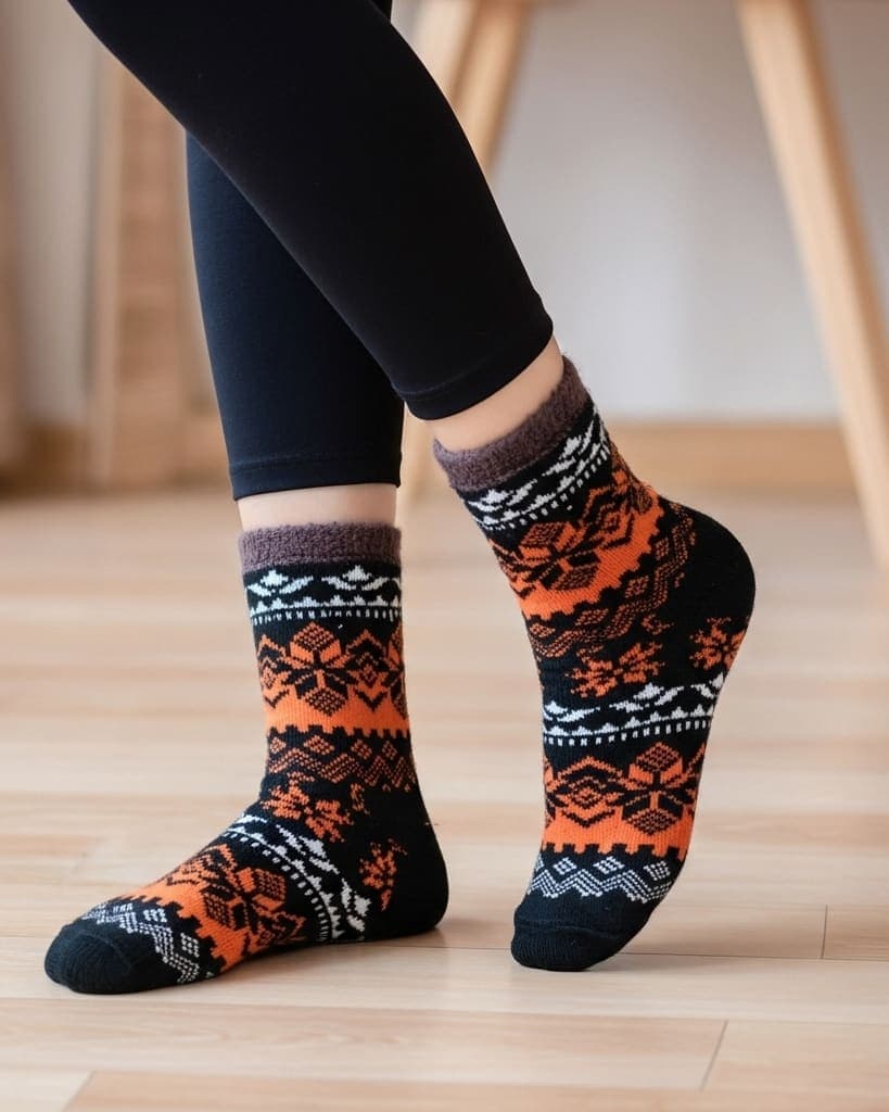 Winter Thermal Wool Socks – Soft Fleece-Lined Warm Socks with Nordic Pattern (Black & Orange) hover