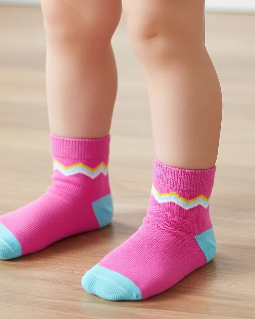 Bright Pink Baby Socks with Colorful Zigzag Design – Soft & Cozy hover