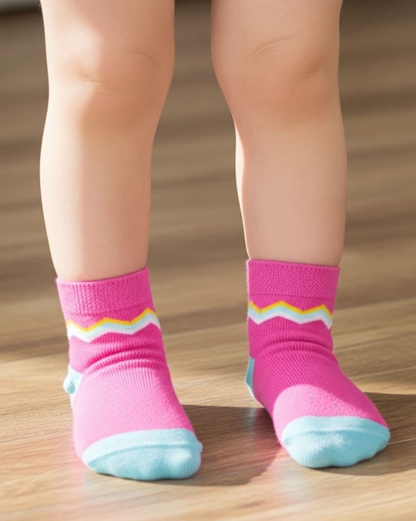 Bright Pink Baby Socks with Colorful Zigzag Design – Soft & Cozy