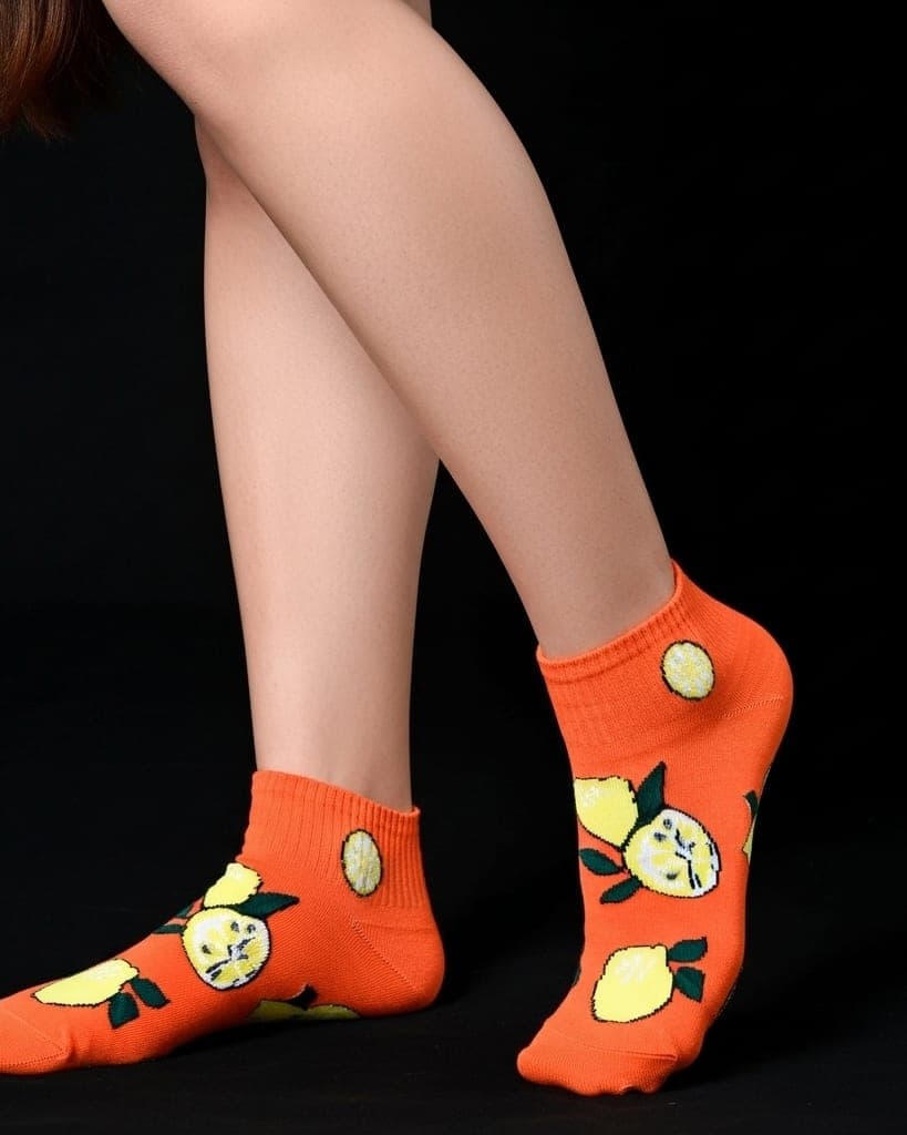 Orange Ankle Socks with Lemon – Fun Fruit Design, Soft Cotton Blend hover