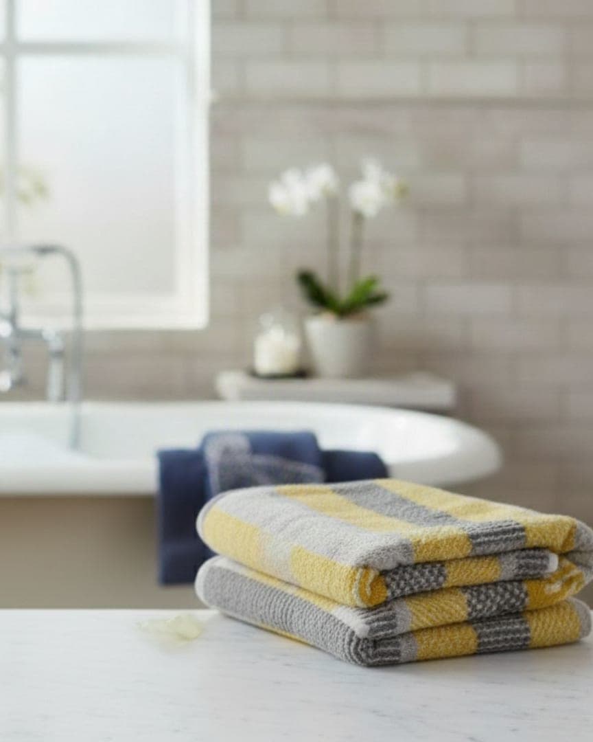 Premium Cotton Bath Towel – 575 GSM, Large Size (130x70 cm), Ultra Soft & Super Absorbent in Yellow-Grey Check Design