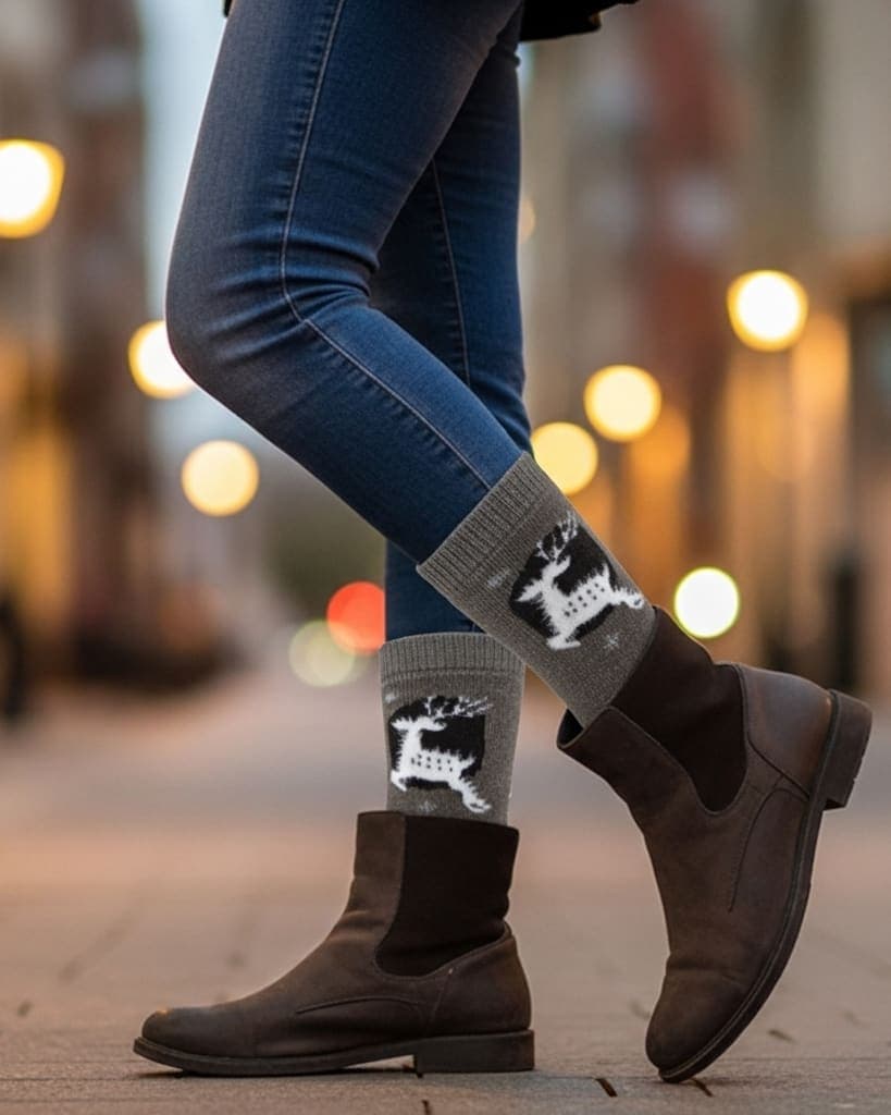 Warm Wool Blend Crew Socks in Brown with Reindeer Design