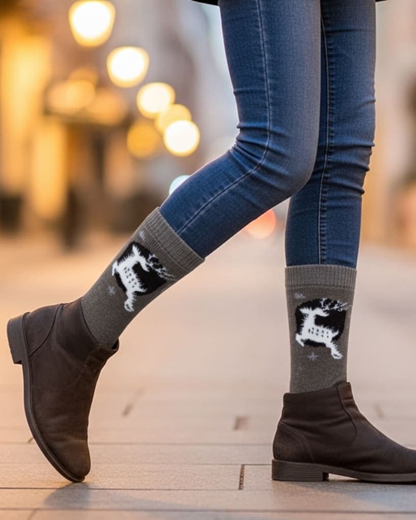 Warm Wool Blend Crew Socks in Brown with Reindeer Design hover