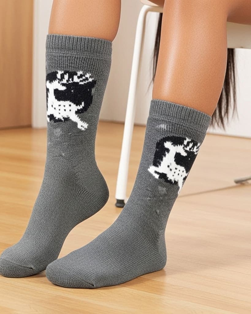 Winter Wool Blend Crew Socks in Charcoal Grey with Reindeer Design