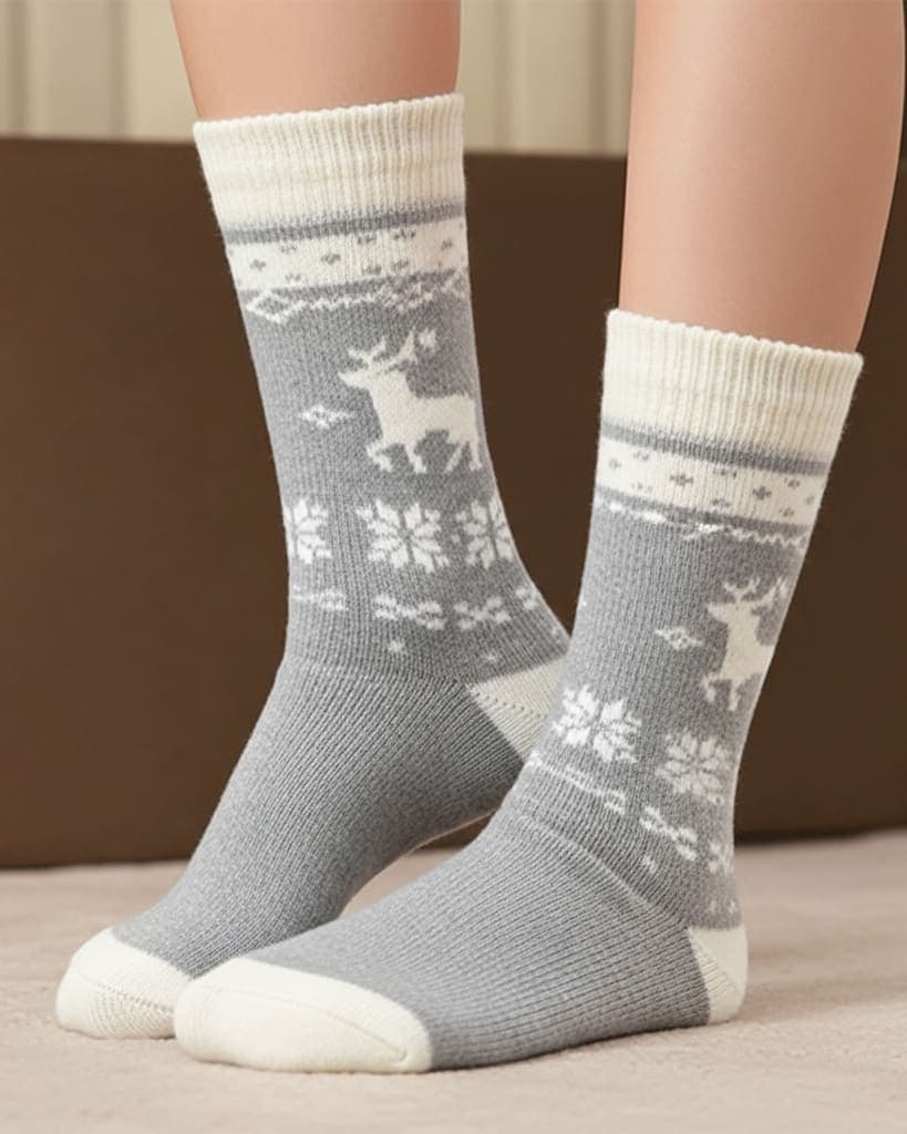 Classic Grey Woolen Winter Socks with Reindeer Design | Ultra-Soft & Warm