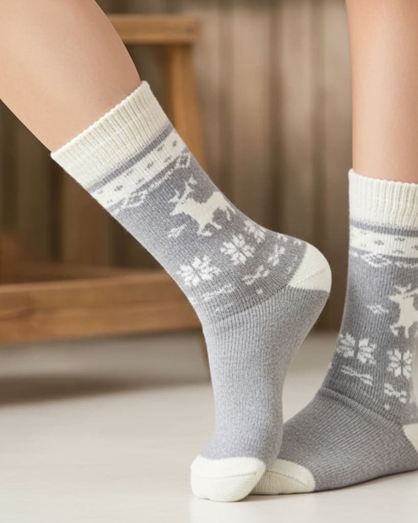 Classic Grey Woolen Winter Socks with Reindeer Design | Ultra-Soft & Warm hover
