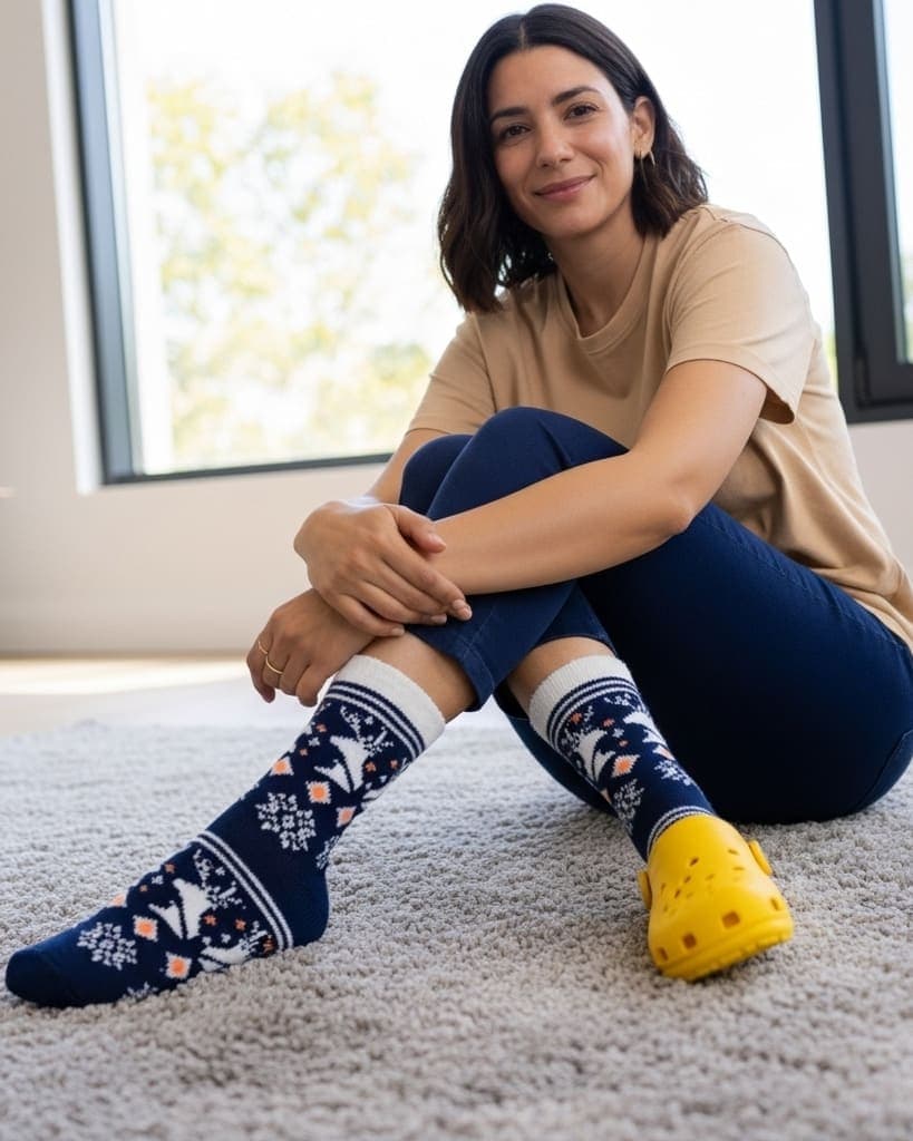 Navy Blue Woolen Crew Socks – Fleece-Lined Reindeer & Snowflake Knit Design