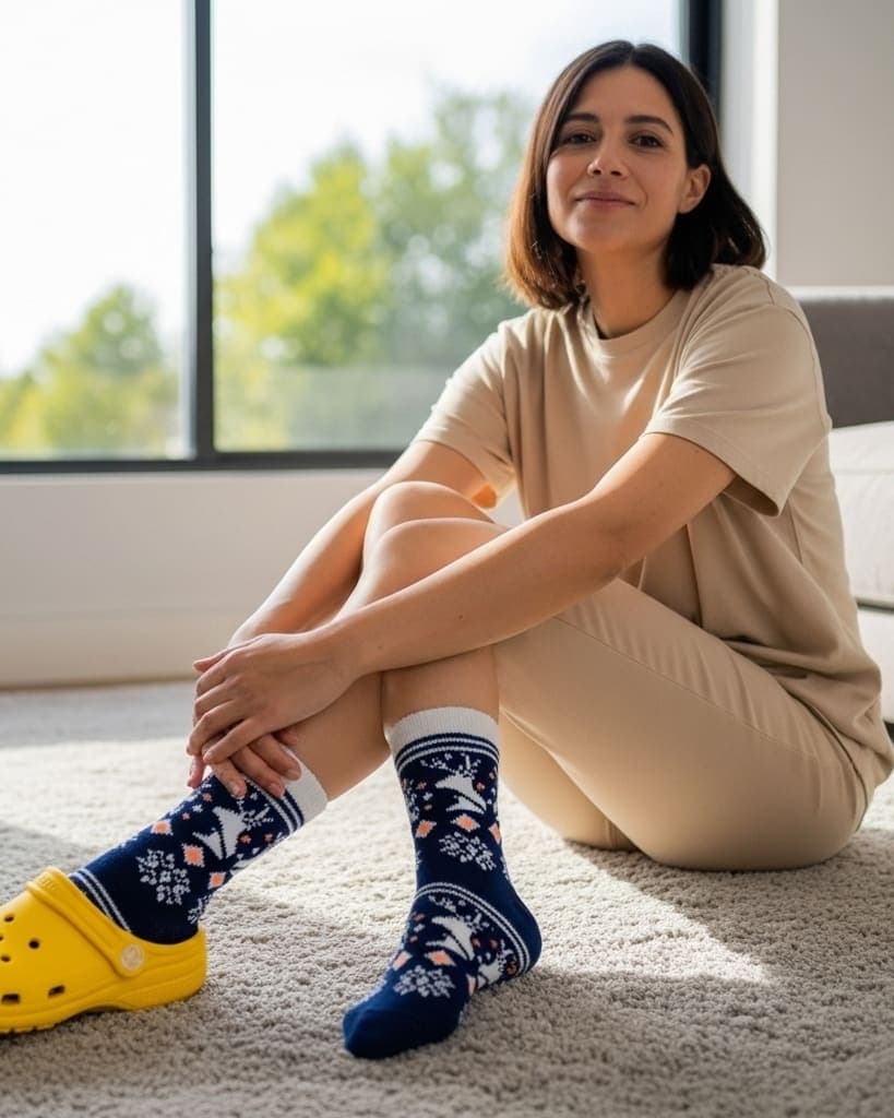 Navy Blue Woolen Crew Socks – Fleece-Lined Reindeer & Snowflake Knit Design hover