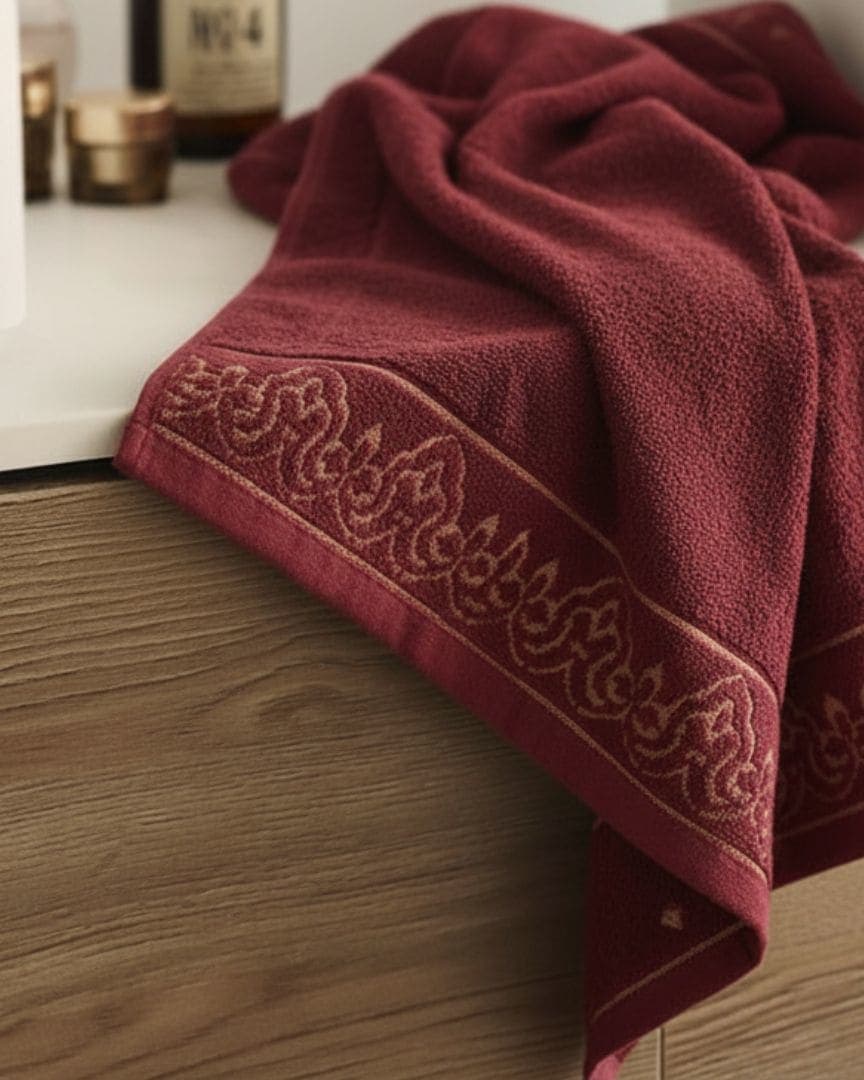 Premium Absorbent Maroon Bath Towel with Elegant Border Design – 510 GSM, Large Size (130×65 cm) Soft & Quick Dry