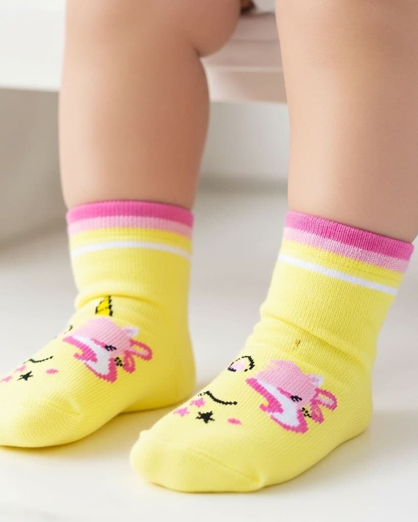 Kids’ Yellow Smiley Face Ankle Socks with Pink Accents
