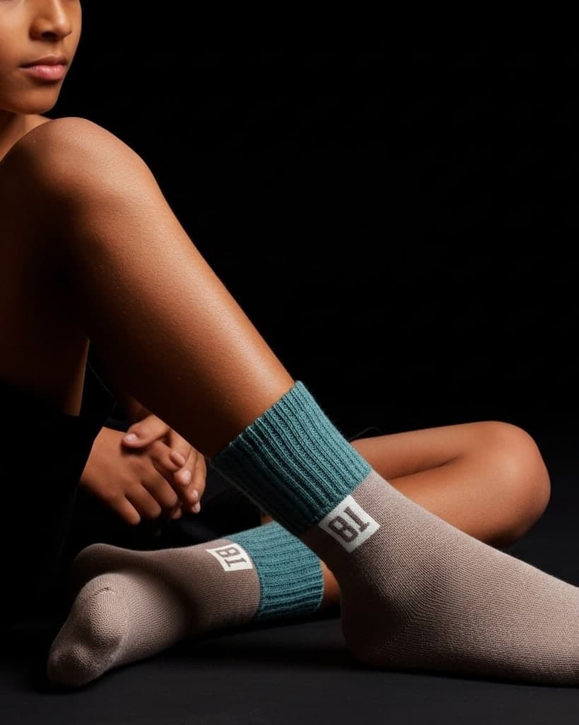 Two-Tone Crew Socks with Contrast Cuff – Brown & Teal