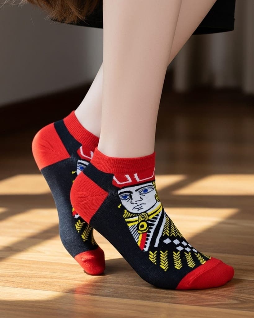 Playing Card Design Ankle Socks – Stylish Black & Red King Print for Men & Women hover