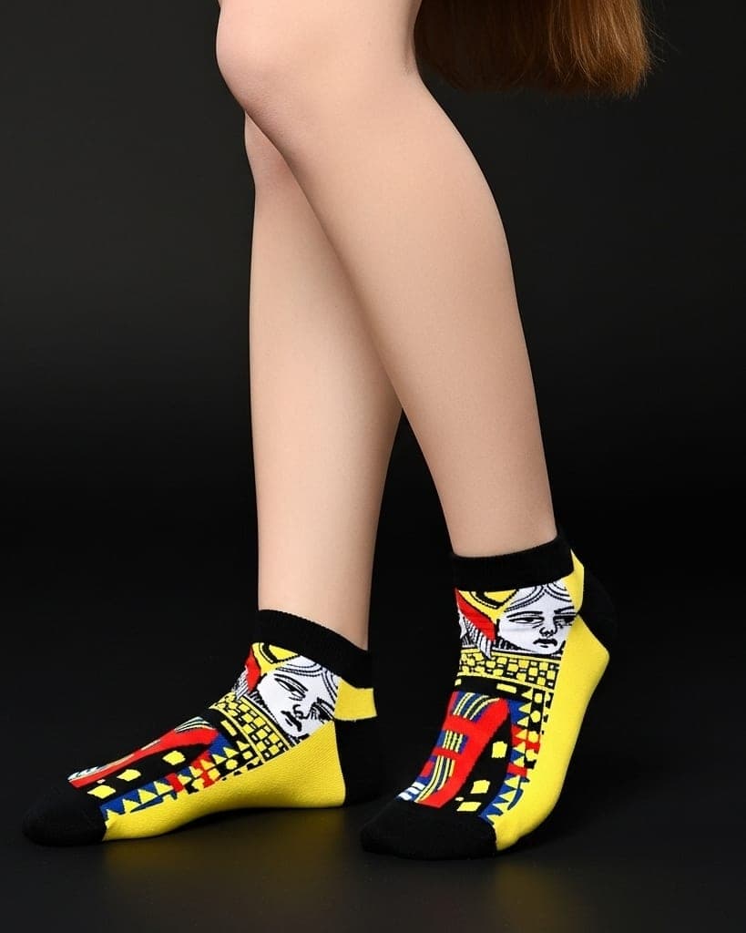 Playing Card Queen Design Ankle Socks – Bold Yellow & Black Unisex Fashion Socks hover