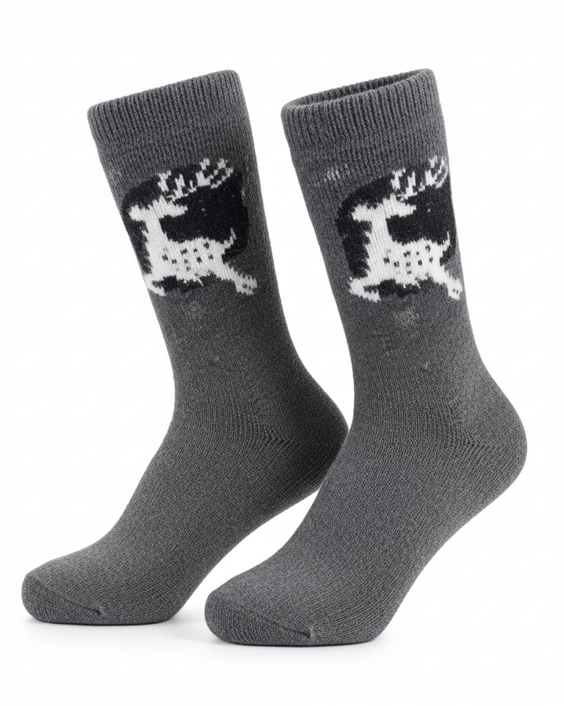 Winter Wool Blend Crew Socks in Charcoal Grey with Reindeer Design hover