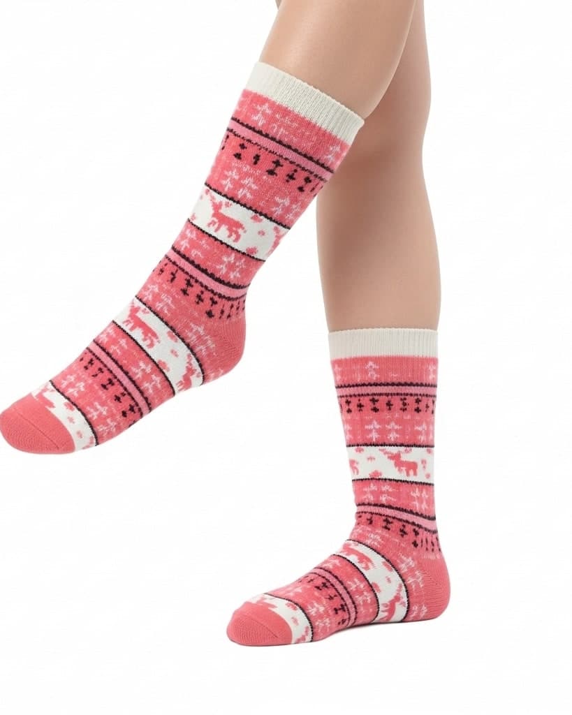 Pink Winter Crew Socks with Nordic Reindeer Pattern – Soft & Cozy