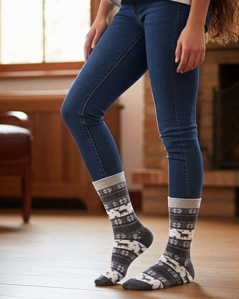 Premium Dark Grey Woolen Winter Socks with Reindeer & Snowflake Pattern