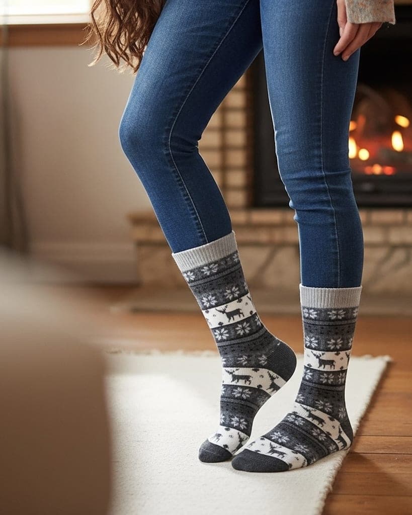 Premium Dark Grey Woolen Winter Socks with Reindeer & Snowflake Pattern hover