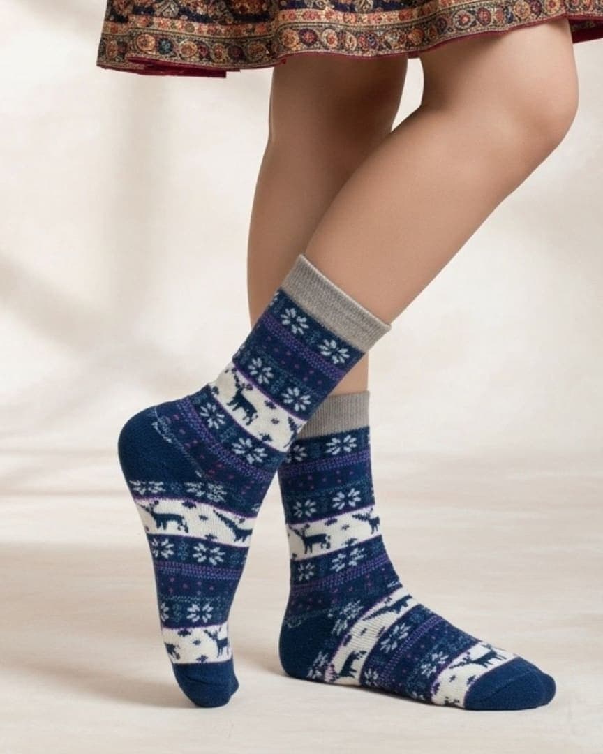 Cozy Winter Wool Socks – Blue Nordic Reindeer & Snowflake Pattern hover