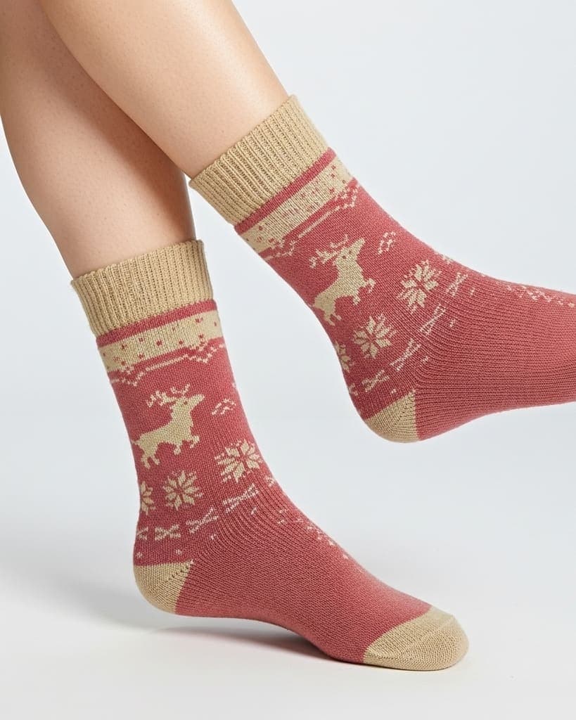 Pink & Beige Reindeer Woolen Socks – Warm, Soft & Stylish Winter Socks