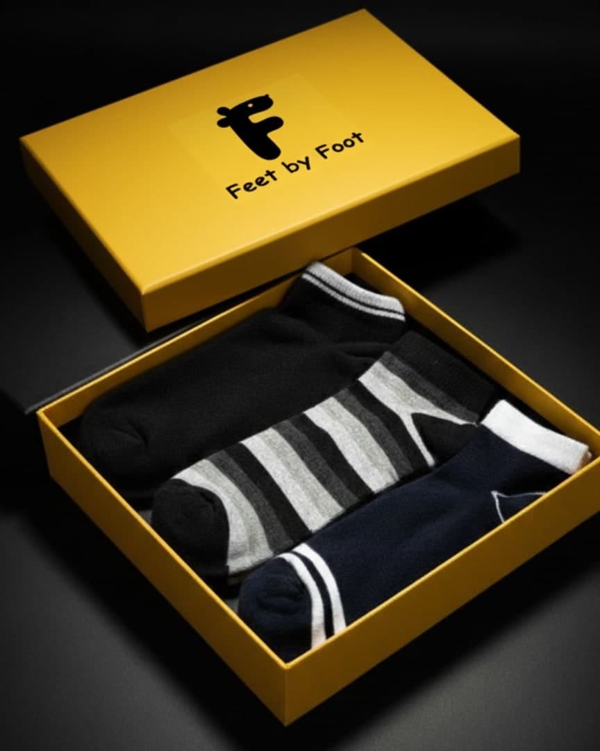 Premium Ankle Socks Gift Box – 3 Pairs (Classic Black & Stripes Collection)