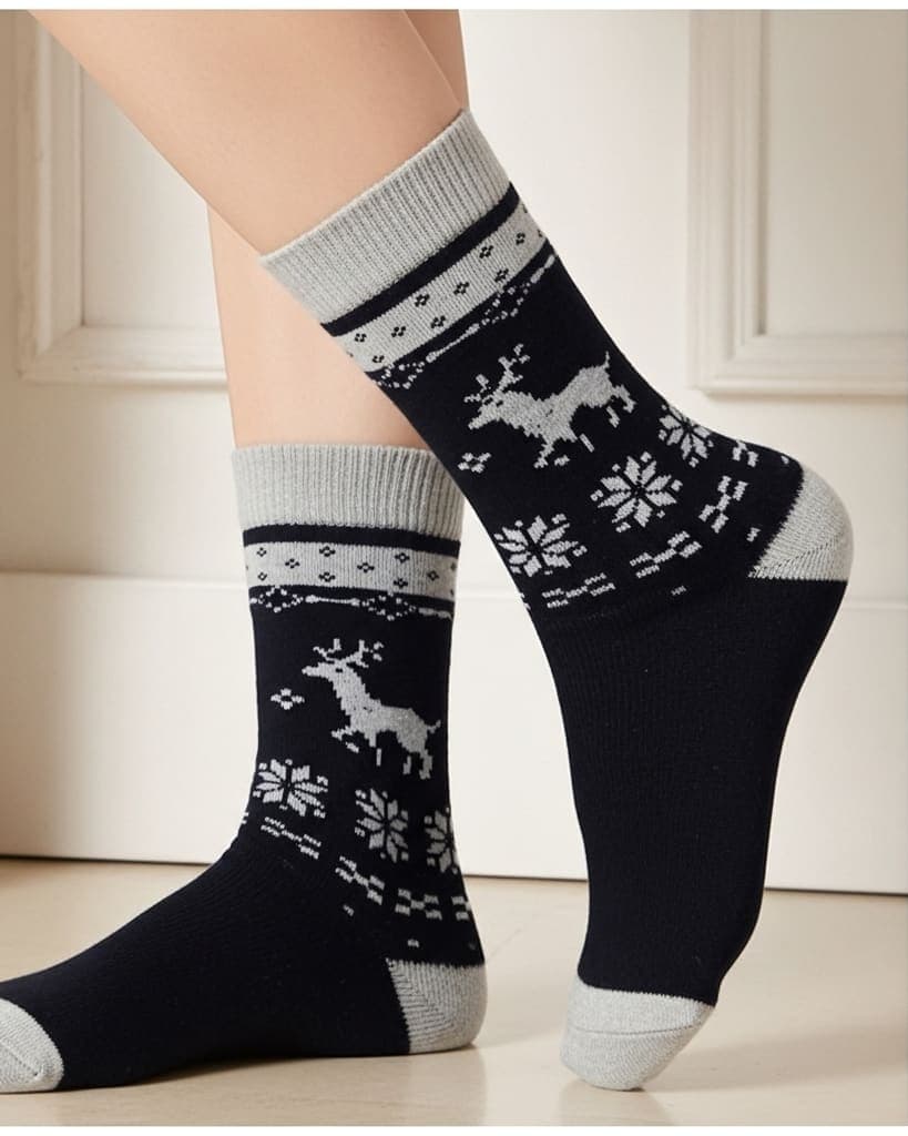 Premium Black Woolen Winter Socks with Reindeer Pattern | Ultra Warm & Soft