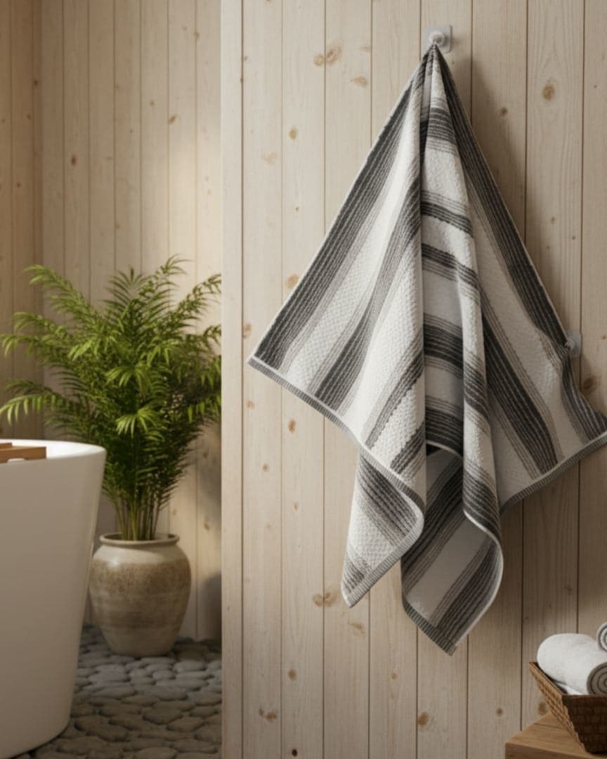 Luxury Quick Dry Grey & White Striped Cotton Bath Towel – 650 GSM Extra Large (150×75 cm) Ultra Soft & Super Absorbent