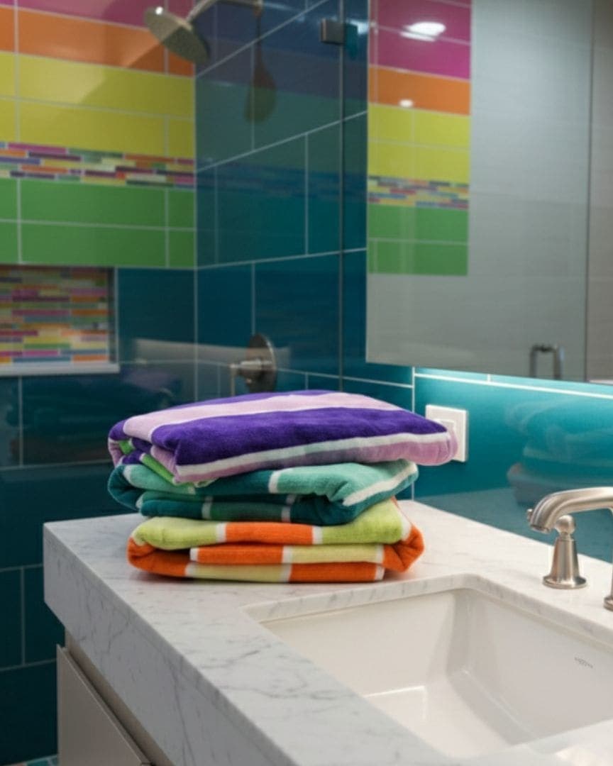 Cotton Bath Towels 485 GSM Quick Dry Terry Towels, Multicolor Stripe Design – Set of 3 (Size 150x75 cm) Purple, Orange, Green