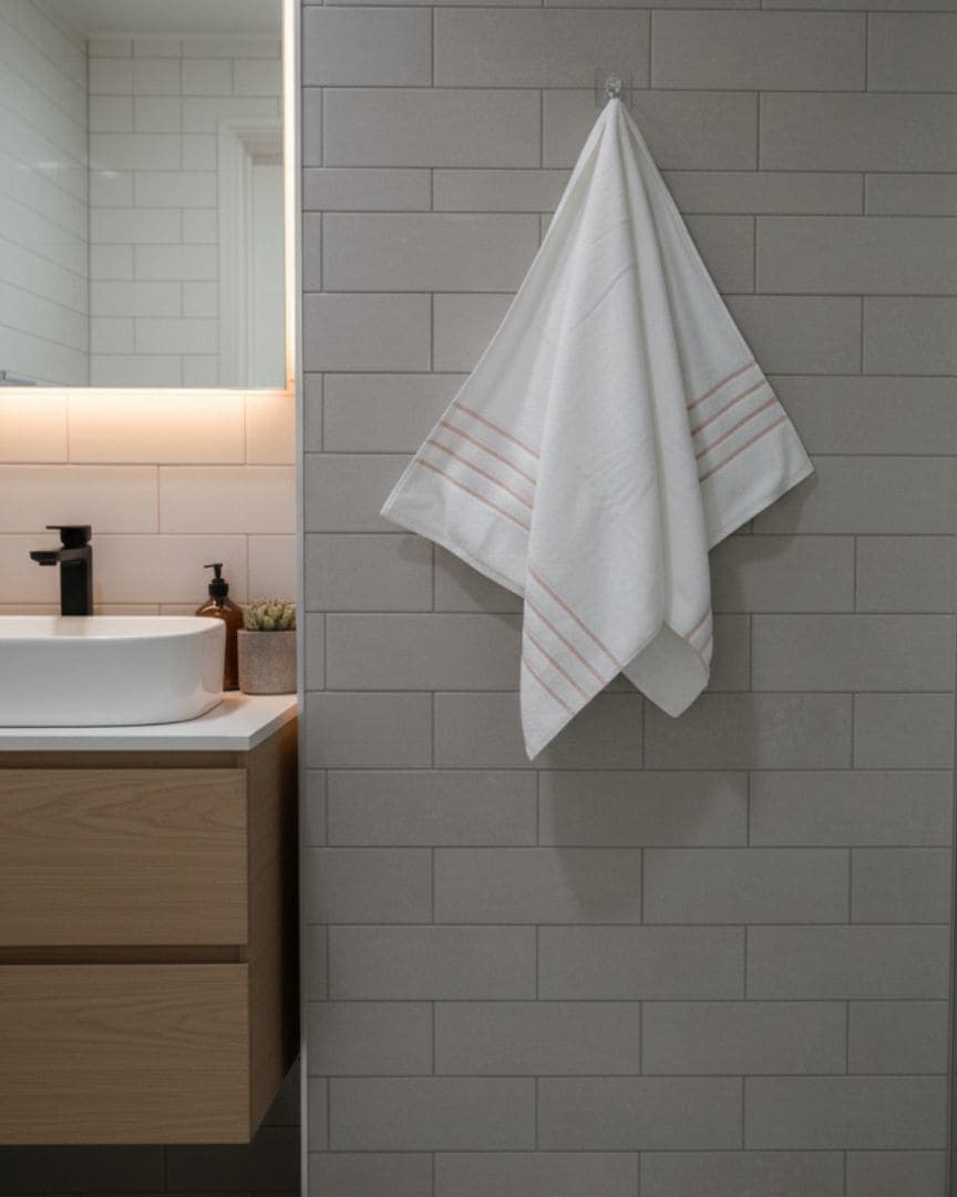 Quick Dry Cotton White Bath Towel with Elegant Stripe Design – 580 GSM, Large Size 140×70 cm, Ultra Soft & Super Absorbent