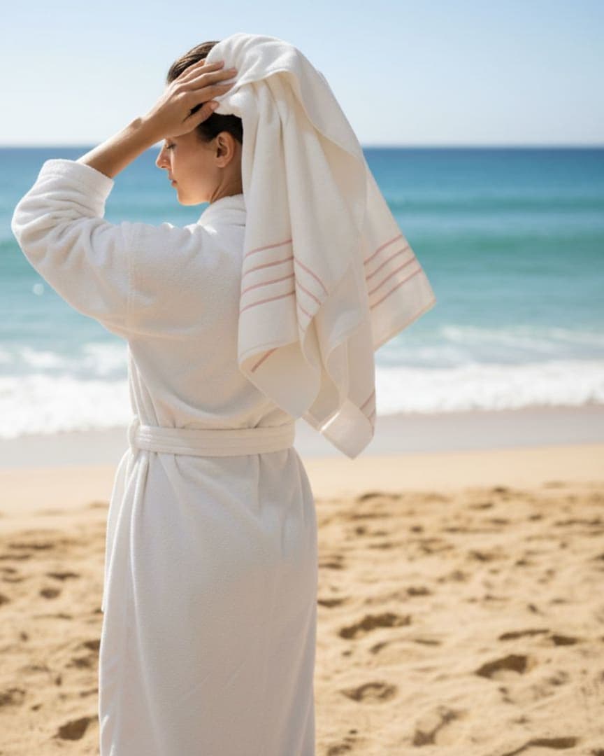 Quick Dry Cotton White Bath Towel with Elegant Stripe Design – 580 GSM, Large Size 140×70 cm, Ultra Soft & Super Absorbent hover