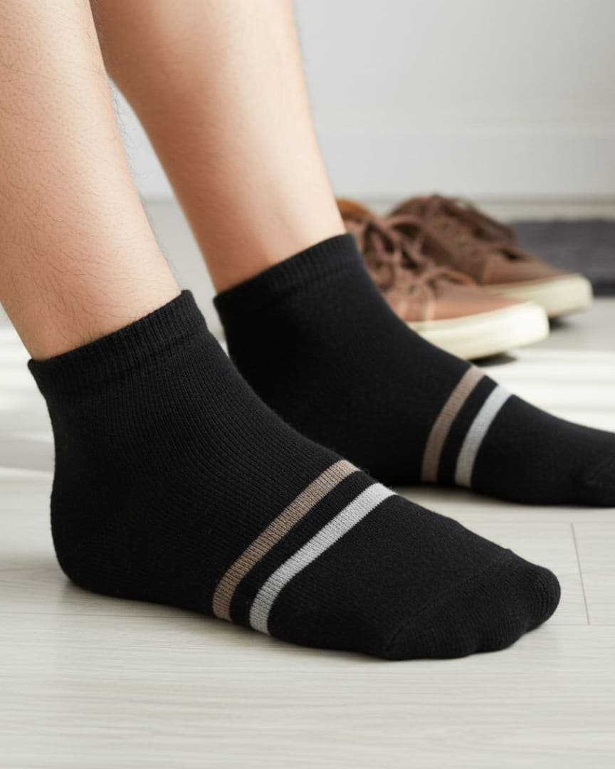 Men's Premium Black Ankle Woolen Socks with Contrast Double Sport Stripe