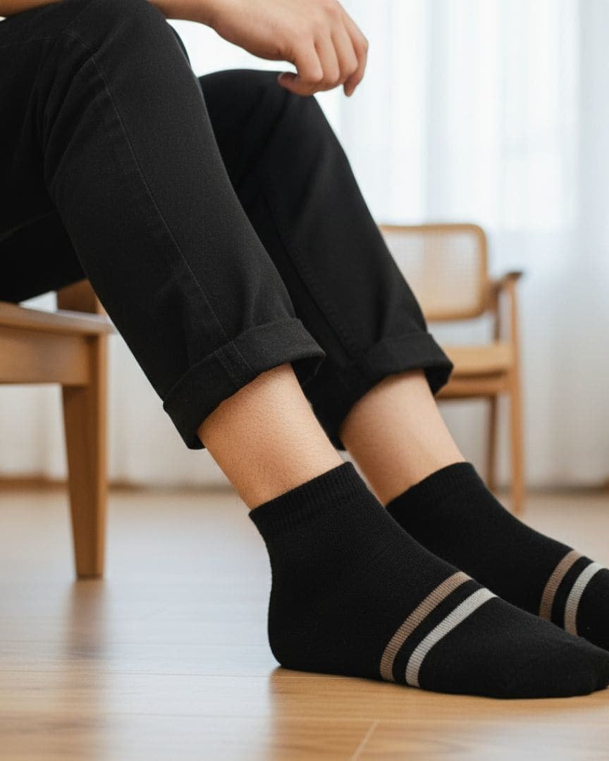Men's Premium Black Ankle Woolen Socks with Contrast Double Sport Stripe hover