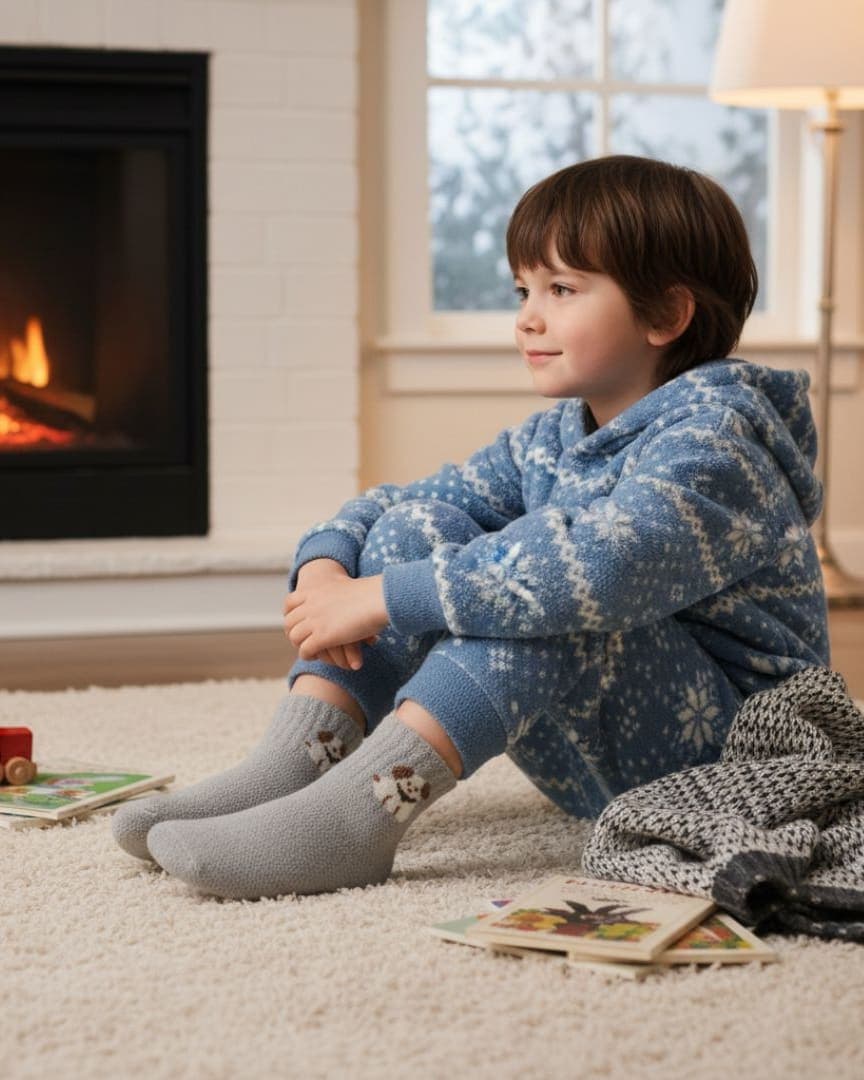 Soft Ash Grey Kids Winter Woolen Terry Socks with Puppy Design