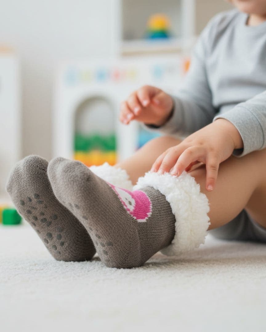 Grey & Pink Cartoon Woolen Kids Winter Socks (3–4 Years) with Fur Cuff hover