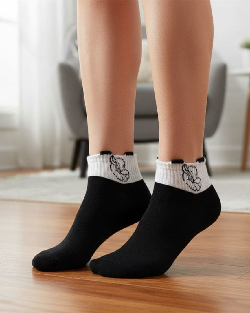 Black & White Cartoon Ankle Socks | Soft Cotton Stretch Socks