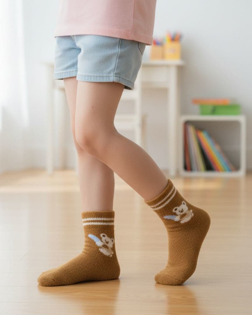 Ultra-Soft Fuzzy Mocha Brown Kids Crew Socks with Cozy Bear Design hover